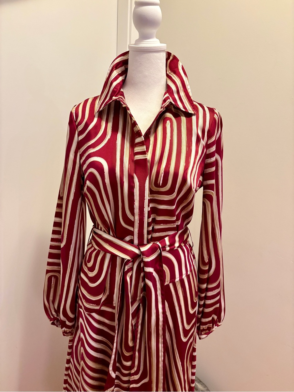 Donna Karan New York Burgundy & Cream Geometric Belted Shirt Midi Dress